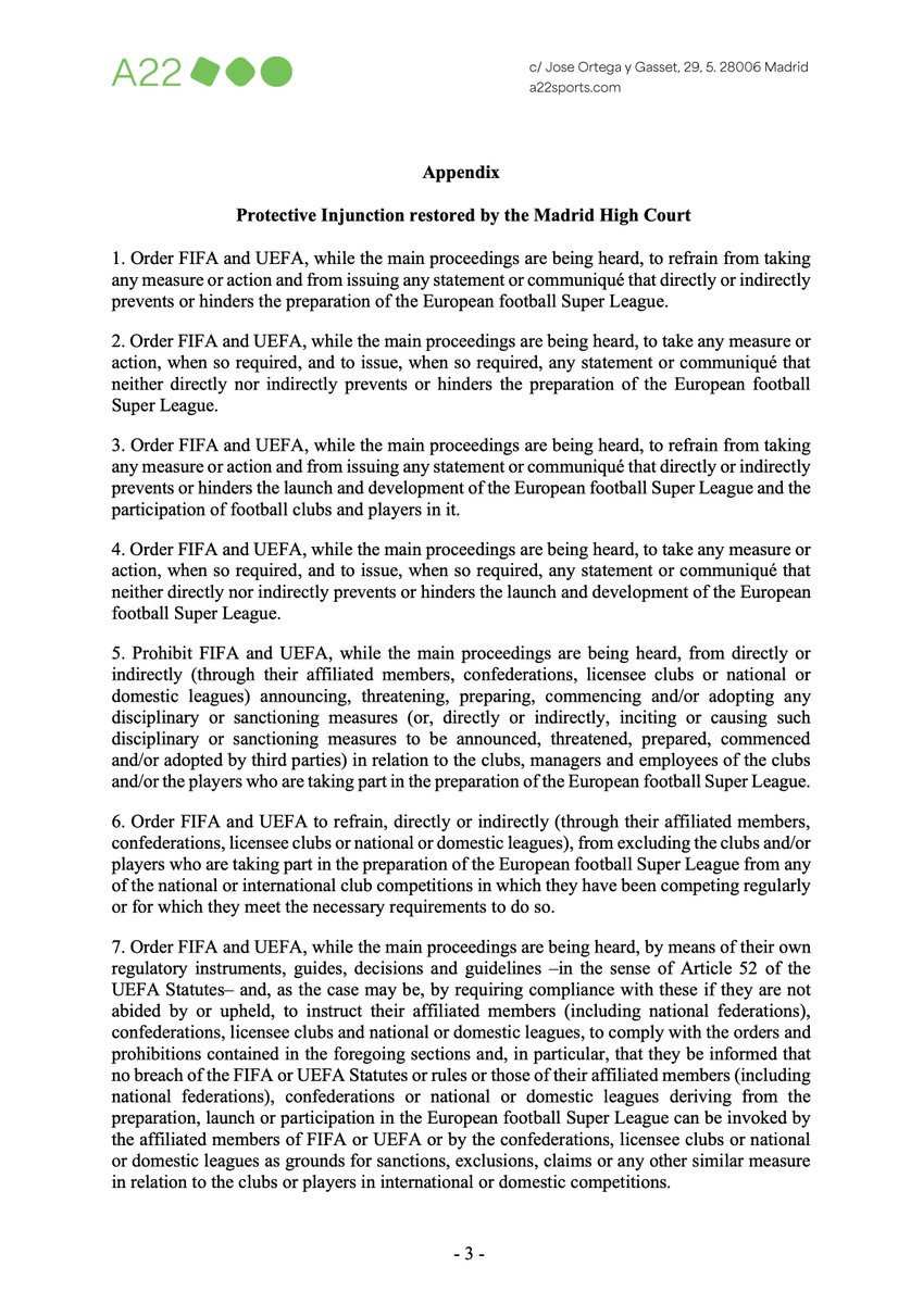 A22Sports's tweet photo. Il Presidente della UEFA ha parlato pubblicamente, dandone una descrizione errata, di una lettera, nella quale chiediamo a UEFA di adeguarsi alle normative europee e alle decisioni dei tribunali, cessando ogni attività che ostacoli le iniziative di A22. 
Dal momento che stiamo conducendo un dialogo pubblico sul futuro del calcio europeo, pubblichiamo qui la lettera in questione, con la quale intimiamo a UEFA di desistere e cessare ogni comportamento anti concorrenziale che miri ad escludere A22 dal mercato europeo delle competizioni transfrontaliere. #transparency