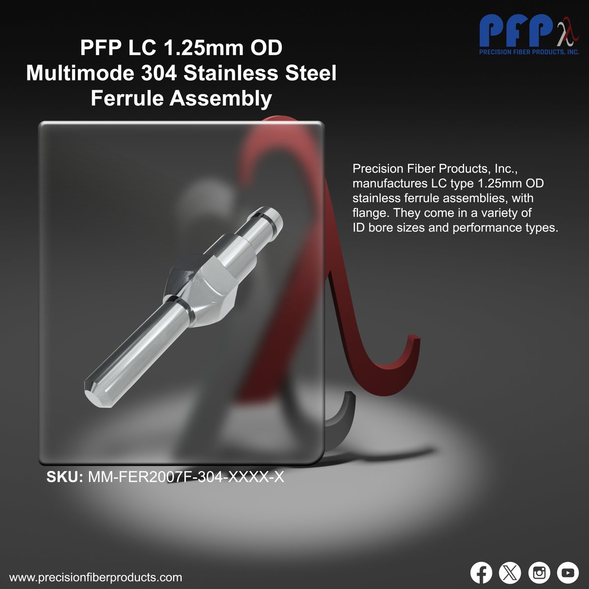 PFPFiber's tweet image. PFP manufactures LC-type 1.25mm OD stainless ferrule assemblies, with flange. Available in a variety of ID bore sizes &amp;amp; performance types. Order these at precisionfiberproducts.com/pfp-lc-1-25mm-… 
#stainlessFerruleAssemblies #LCstainlessFerruleAssemblies #Ferrules #Ferrulesticks #Ferruleassemblies