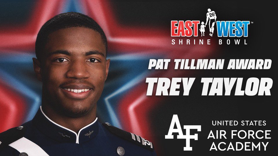 Congratulations to Trey Taylor of @AF_Football, the proud winner of the 2024 East-West #ShrineBowl Pat Tillman Award! 🙌 Trey exemplifies intelligence, sportsmanship, and service, showcasing excellence on and off the football field.