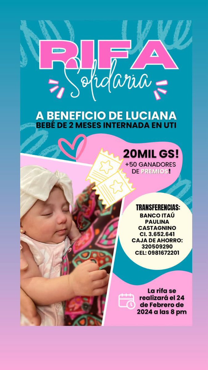 La bebé de 2 meses de una amiga está en UTI. 
Estamos haciendo un sorteo para recaudar fondos. Por 20 mil, podes ganar:
- Un cumple en <a href="/NavegandoParque/">Navegando - Salones de eventos infantiles</a> (valor 3 millones)
- Vuelo panorámico en SB 
- Clases de inglés (valor 1 millón)
- Masajes, electrodomésticos  y más  

RT 🙏🏻