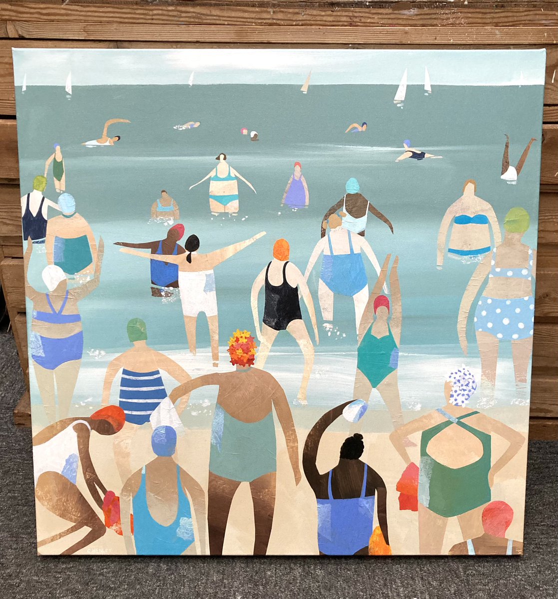 ClaireHenleyArt's tweet photo. I’m busy working on some big 30”x30” canvases for @bathartfair on the last weekend in Feb.

Here’s ‘Wild Women’ and I definitely want that understated swimming hat. 😬

#bathartfair #BathPavilion #cityofbath https://t.co/g8eNosIzD9