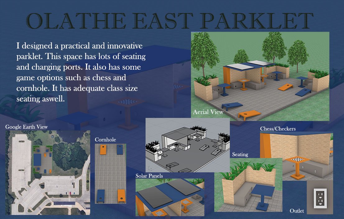 OlatheDesign's tweet photo. Olathe East Design Academy Juniors designed parklet concepts for our campus. https://t.co/HBcO4oXmQC
