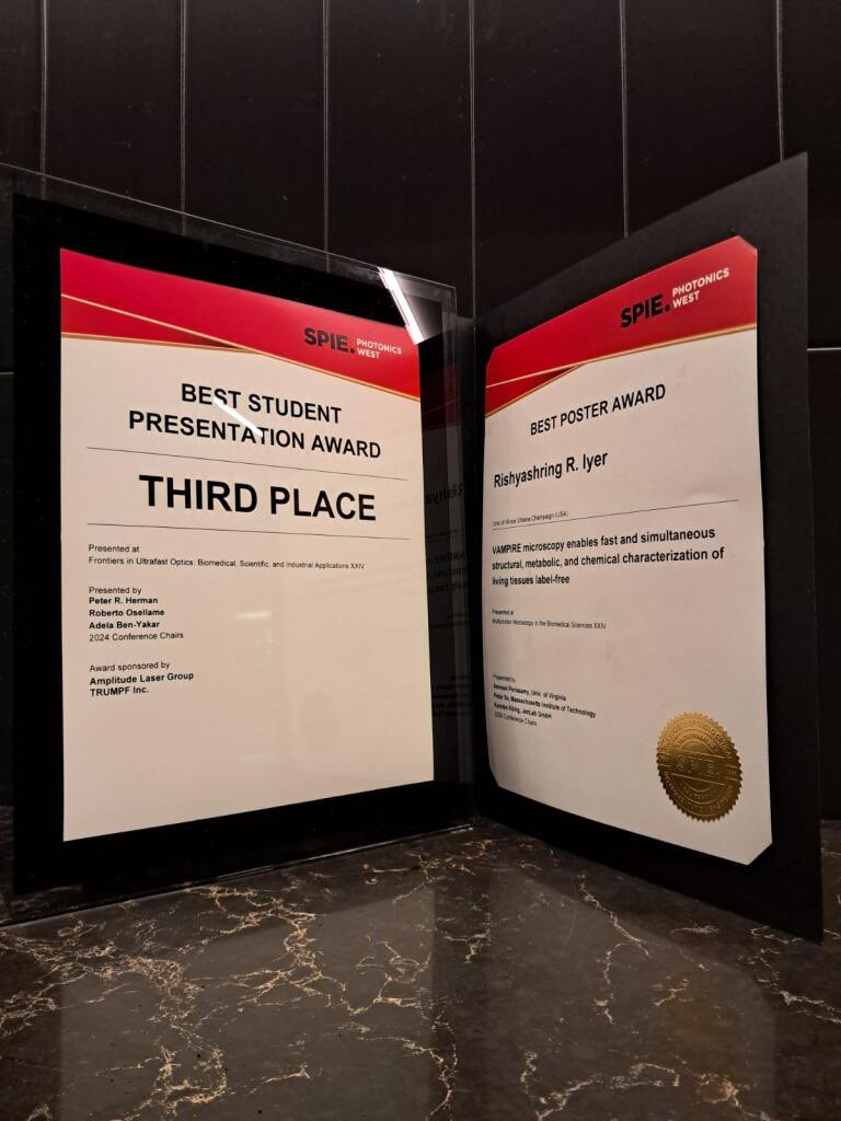 BiophotonicsIL's tweet photo. Congratulations to lab member Dr. Rishee Iyer (@HornedSage) for his best poster and presentation awards at @PhotonicsWest! Great work! https://t.co/lm3OFNvxW8
