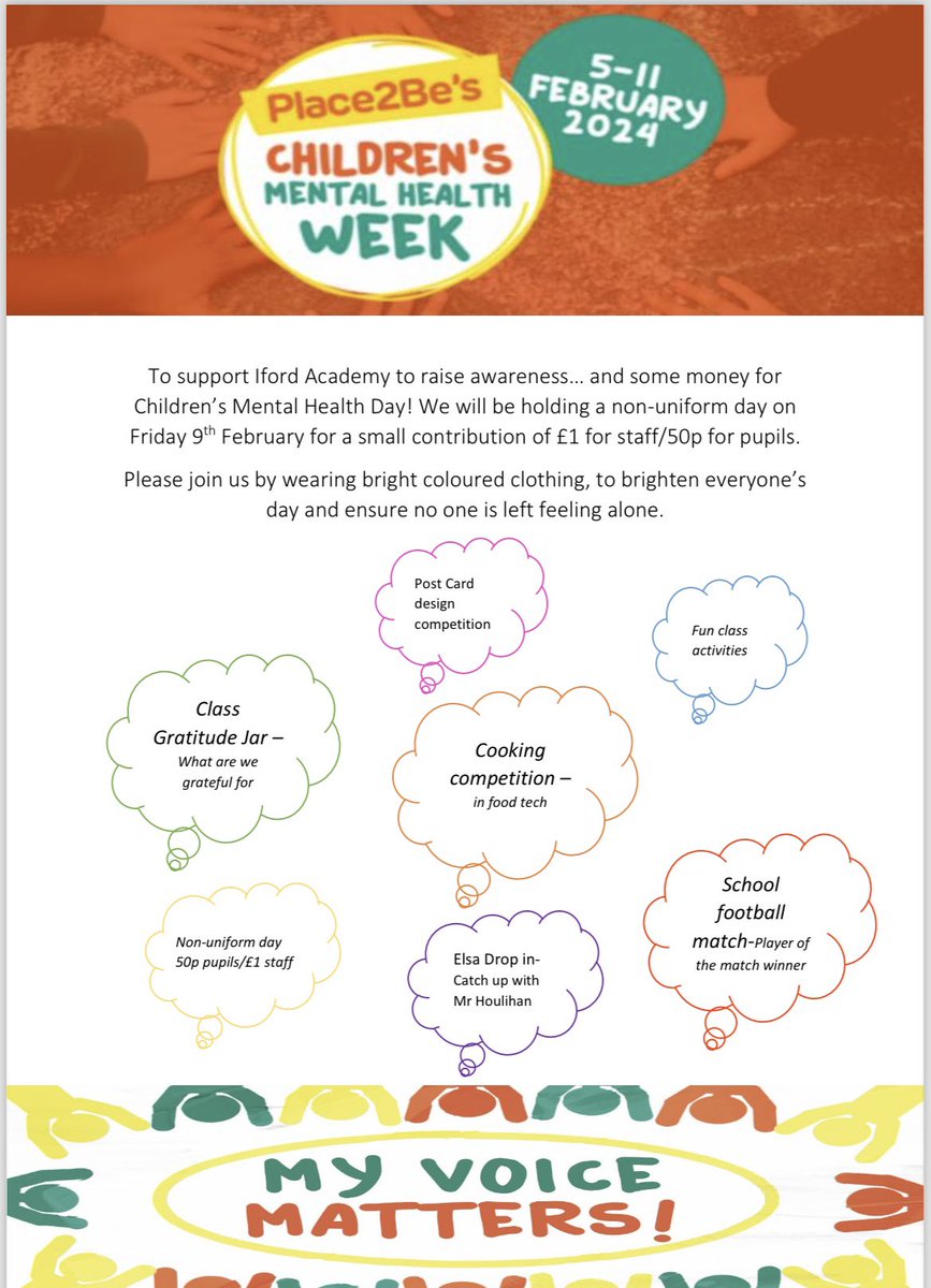 Children’s Mental Health Week 5th - 11th February . Iford Academy will have a variety of activities happening over the week, ending with non-uniform day on 9th February. <a href="/iford_academy/">Iford Academy</a>