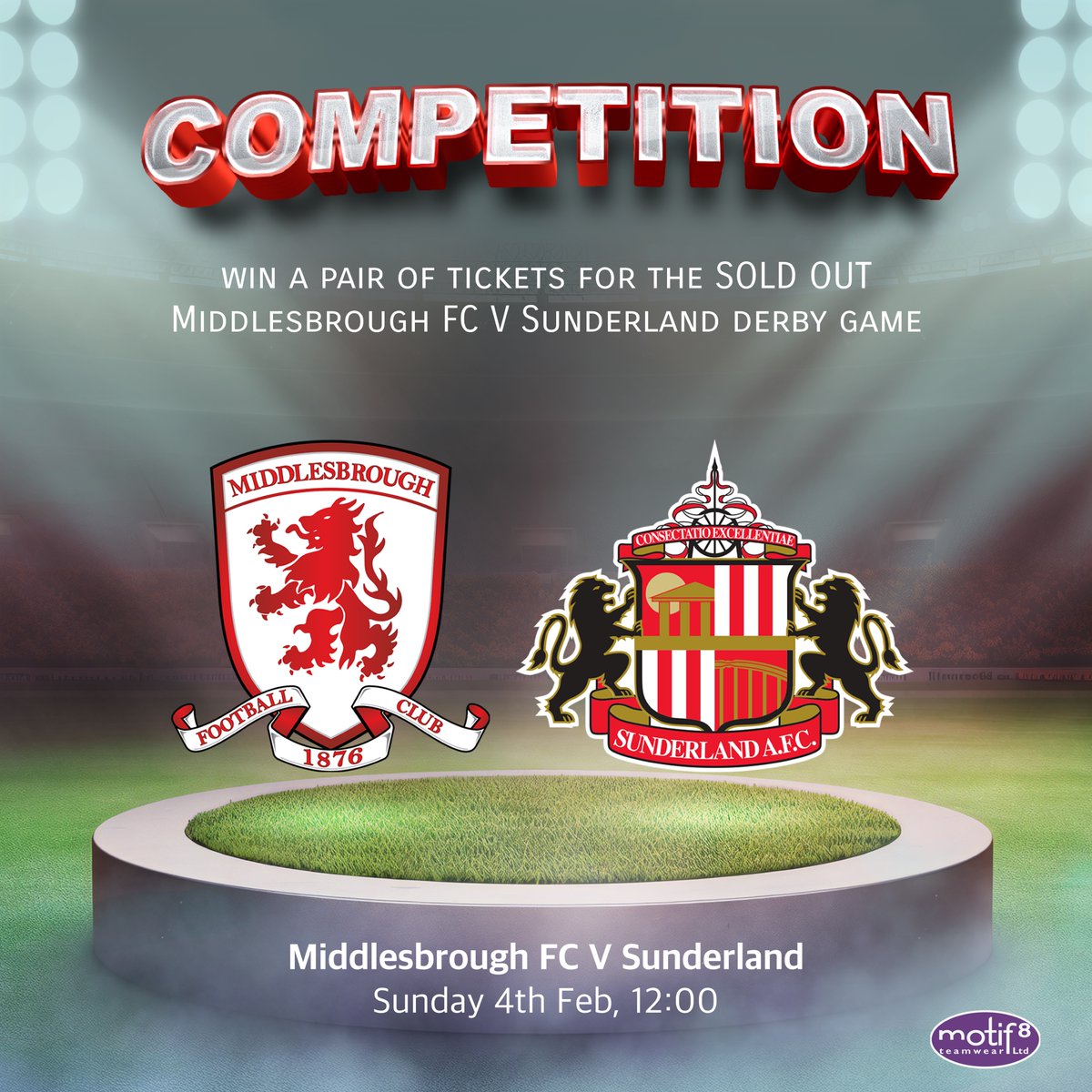 Competition Time! Win A PAIR OF TICKETS to Middlesbrough FC V Sunderland derby game this Sunday. Winner announced- 4pm Friday To enter: 1. You must be following Motif8's Twitter 2. You must like this post 3. You must tag the person you want to take 4. You must retweet post