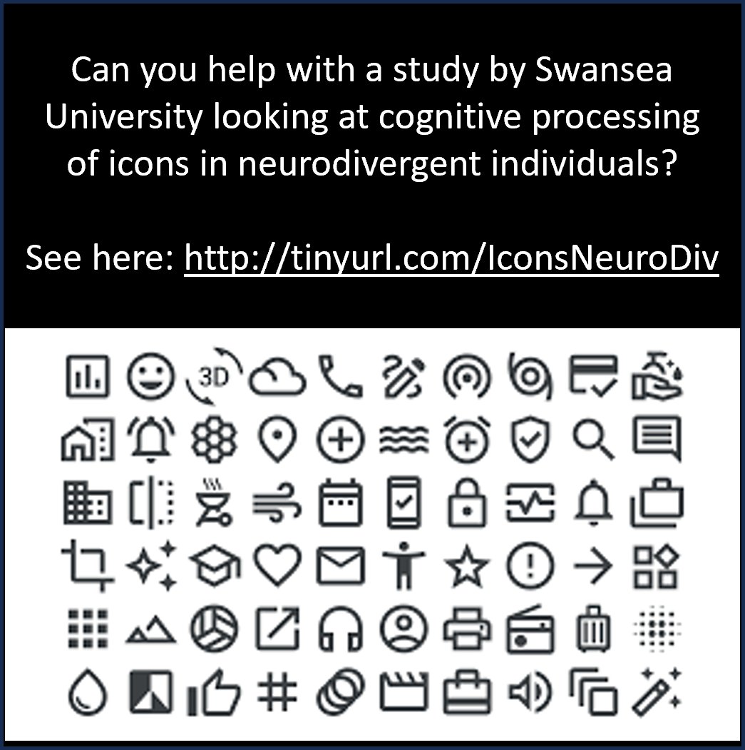 Researchers at Swansea University want to know how neurodivergent individuals perceive and process icons and how this compares to neurotypical individuals, both across gender and across the lifespan. Can you help by completing an online survey
tinyurl.com/IconsNeuroDiv