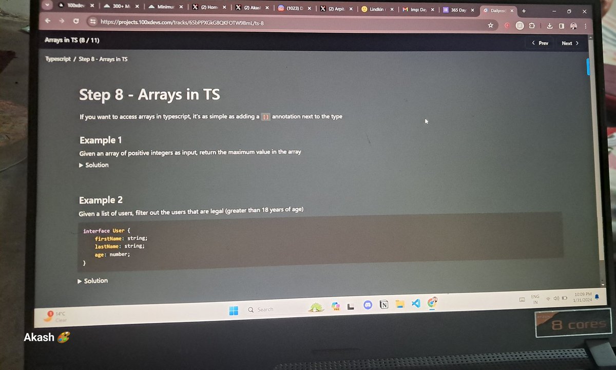 CoderAkash108's tweet image. Excited to embark on a 180-day web development challenge! 📷 Today marks Day 09/180 as I dive into the world of arrays of TypeScript with #100xDevs  cohort. 📷 Follow my journey and let&apos;s #CodeToTheFuture together! 📷 📷@kirat_tw