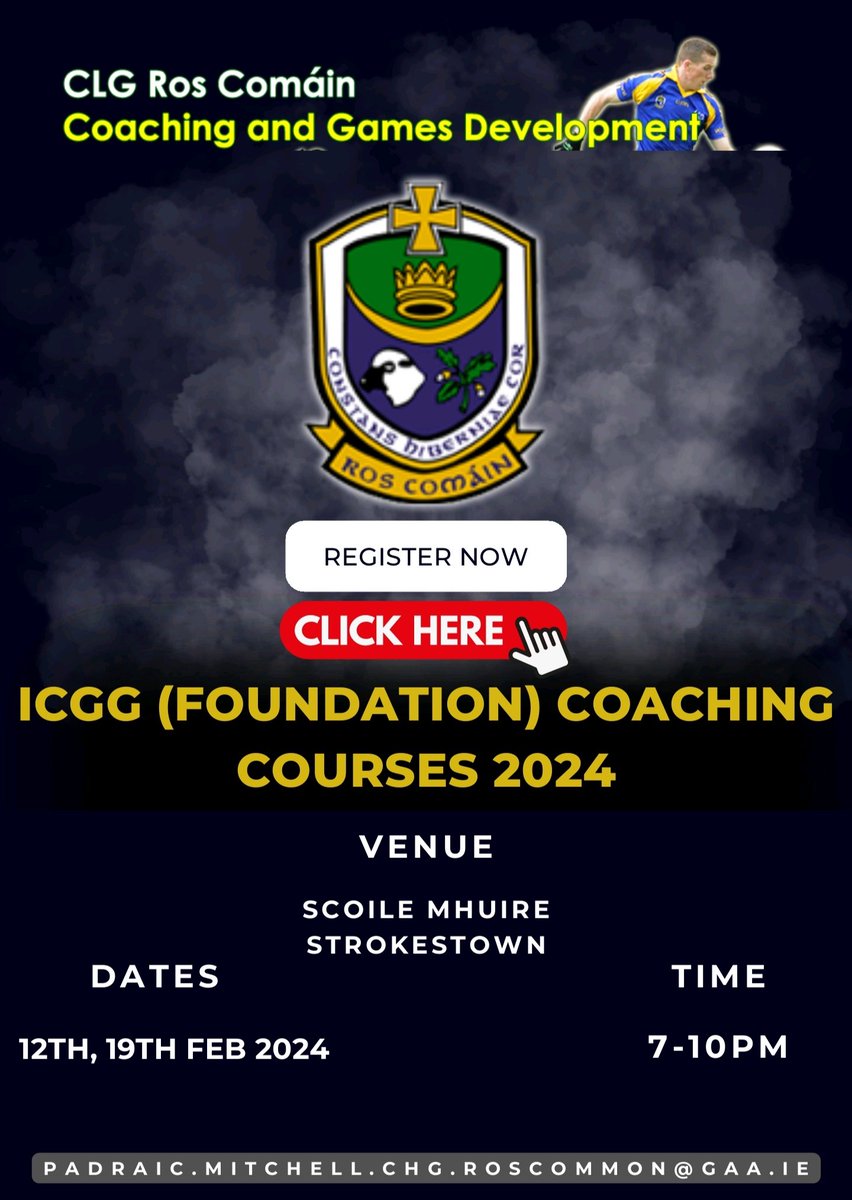 Coaching and Development Course taking place at Scoil Muire, Strokestown. 12th and 19th February 2024 Contact padraic.mitchell.chg.roscommon@gaa.ie to register your interest. #RosGAA