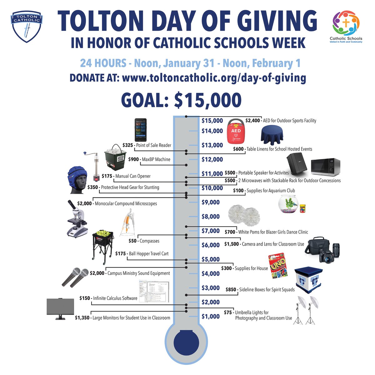 Our Day of Giving campaign is now LIVE! We are asking for your help to meet our goal of $15,000 to fund 20 different projects. These "wish list" items enhance the day-to-day experience on our campus and help the Blazer community thrive! Visit us online at toltoncatholic.org/day-of-giving