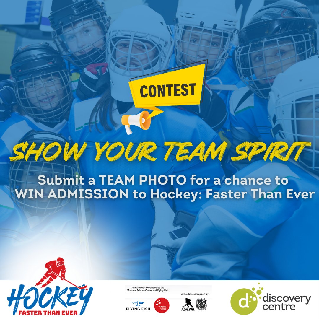 🏒 Hockey teams! Show spirit for FREE admission to HOCKEY: Faster Than Ever, opening Feb 10! Send team pic to win group entry! Don't miss this thrilling exhibit merging science, games & NHL memorabilia! Submit for multiple chances to win! thediscoverycentre.ca/wp-content/upl… #DiscoverHockey