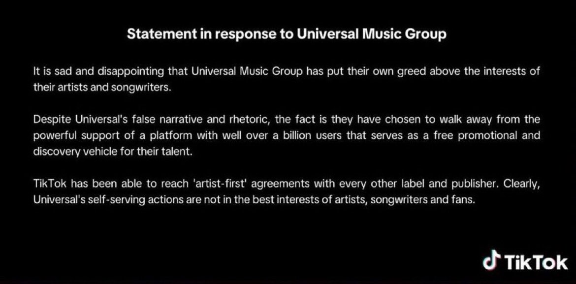 😢 Tik Tok responds to UMG about their decision to pull all of their music from the app “It’s Sad… their own greed” Drake, Taylor Swift, The Weeknd, SZA, BTS, Nicki Minaj, Eminem, Rihanna, Lil Baby, Juice WRLD, Justin Bieber, Billie Eilish, Lil Wayne, Jay Z, Post Malone Kanye…