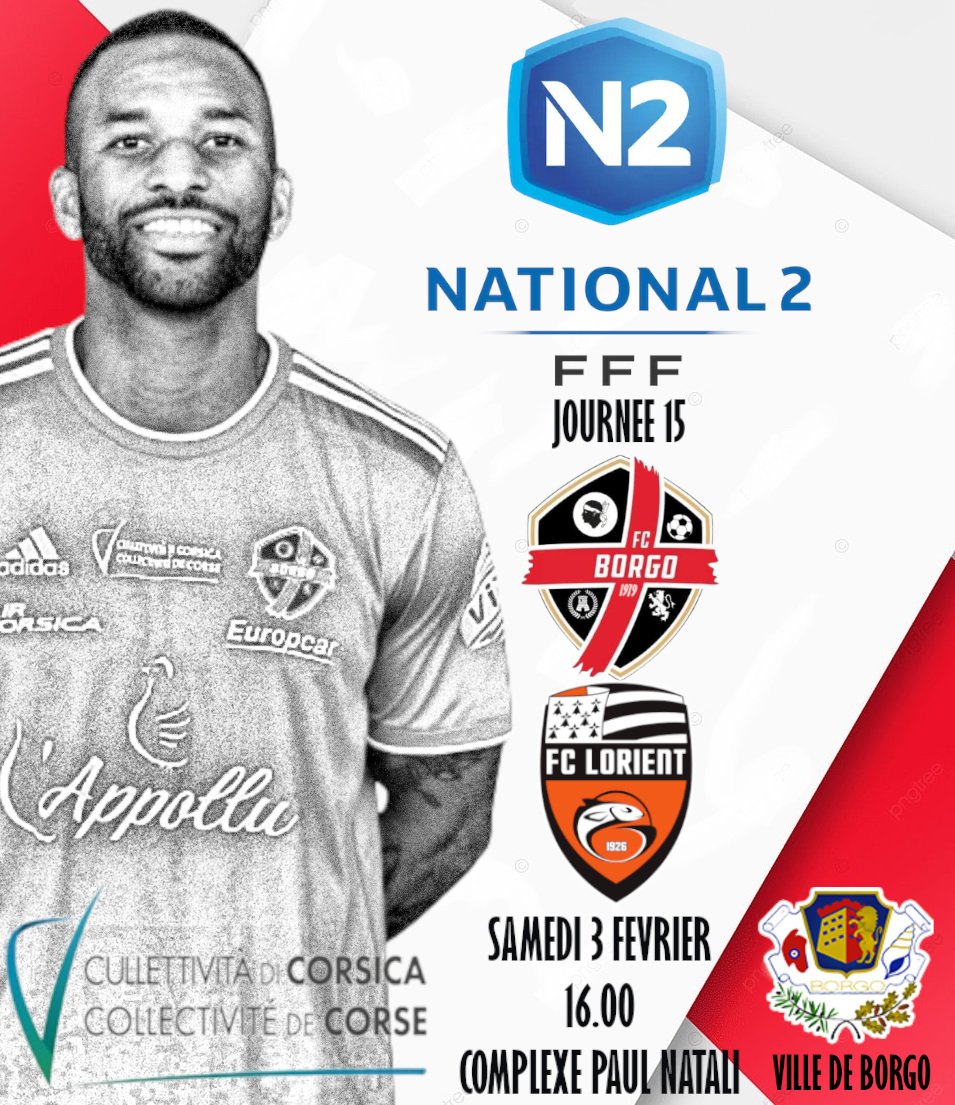 Championnat National 2️⃣ ⚔️ FC Borgo - @FCLorient ⚽️ journée 15 📅 samedi 3 février ⌚️ 16h00 🏟 Complexe Paul Natali 5 derniers matchs (de la 10ème à la 14ème journée ) FC Borgo : ✅️❌️❌️✅️❌️ FC Lorient ❌️❌️🤝❌️✅️ Forza FCB ❤️🖤