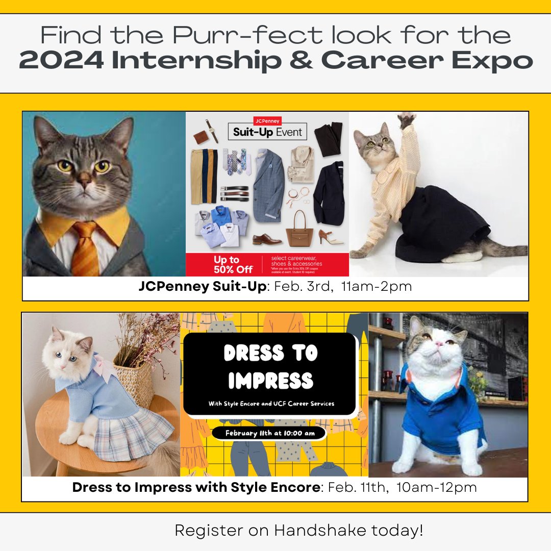 Wanna look good for the Spring 2024 Internship &amp; Career Expo?🐱💼
Check out these events on how you can dress to impress!👀
Check out handshake to learn more and register!👏
-
#job #career #ucfcareerservices #UCFsocial #orlando #ucf