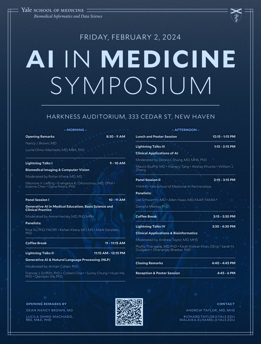 ⚡️🏥🤖In person tickets are now sold out, but you can still join us virtually for our free AI in Medicine Symposium this Friday, Feb 2, for panels on #MedicalAI, #generativeAI, #bioinformatics and health system partnerships. Info here: medicine.yale.edu/biomedical-inf… #AI #GenAI