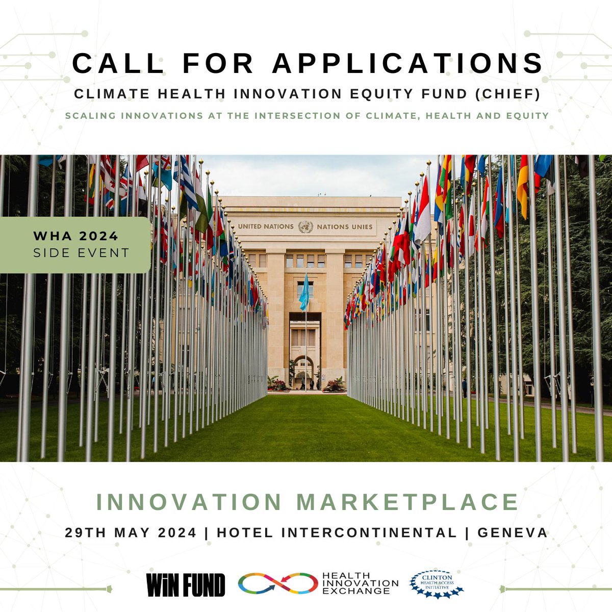 Thrilled to announce the Climate Health Innovation Equity Fund (#CHIEF) Call for Innovators! Seize this opportunity to be showcased at the HIEx Marketplace on May 29 in Geneva during #WHA24. Apply by Feb 29, 2024, 12 pm CET! #Innovation #ClimateAction #Equity