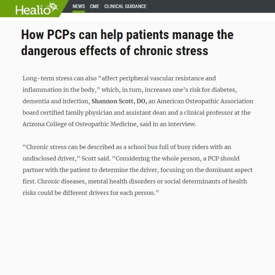 According to AOA Trustee Shannon Scott, DO, long-term stress can also “affect peripheral vascular resistance and inflammation in the body,” which, in turn, increases one’s risk for diabetes, dementia and infection.

@gohealio - bit.ly/48RAi87

@midwesternuniv #DOProud