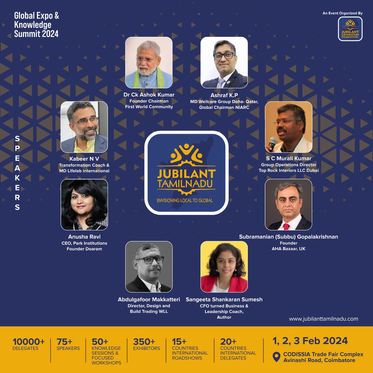 Excitement is building, the day we've been eagerly anticipating is just around the corner! We want to remind you that the Jubilant Tamil Nadu Global Expo &amp; Knowledge Summit 2024 is happening tomorrow!
📆Feb 1-3
📍CODISSIA Trade Fair Complex
𝐅𝐑𝐄𝐄 𝐕𝐢𝐬𝐢𝐭𝐨𝐫𝐬 𝐩𝐚𝐬𝐬!