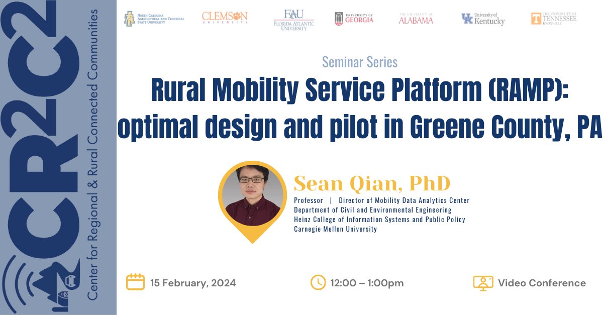 Save the Date and Join an exciting webinar on Thursday, February 15, from  12:00 PM to 1:00 PM, to hear about the Rural Mobility Service Platform (RAMP). Seminar info: shorturl.at/mIKX2 via zoom:➡️ncat.zoom.us/j/91953333748 #UTC #CR2C2 #AmazingUTCs #USDOT #RuralTransportation