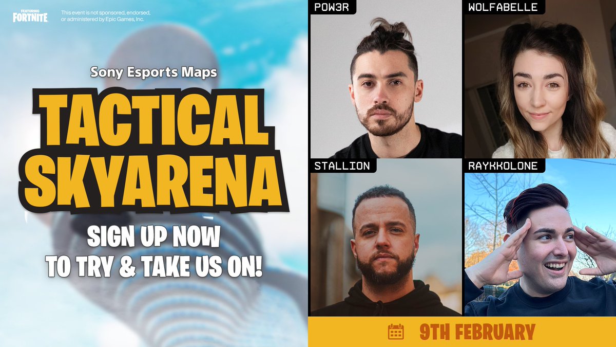 Think your squad can win against the ultimate Fnatic Team? Sign up now to compete against them in the #TacticalSkyArena! 🔥 Register here: fna.tc/SonyEsportsMaps Sign-up deadline: Midnight on February 6th #SonyEsportsMaps