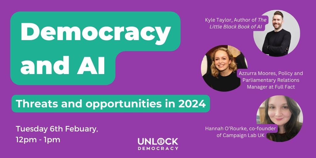 In this bonanza year for democracy, learning about the risks - & perhaps opportunities - AI brings for democracy is more important than ever. Join us for a deep dive into AI with our esteemed panellists, @Hannah_O_Rourke, @kyletaylor & @AzzurraMoores. ➡️bit.ly/42n7CkV