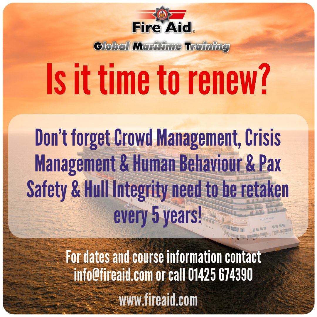 It is often forgotten that these 1 day courses are required to be retaken every 5 years.

Contact the office to show your interest and we will provide available dates or will schedule additional dates for course requests received.
#fireaid  #STCWTraining #paxsafety #Seafarer