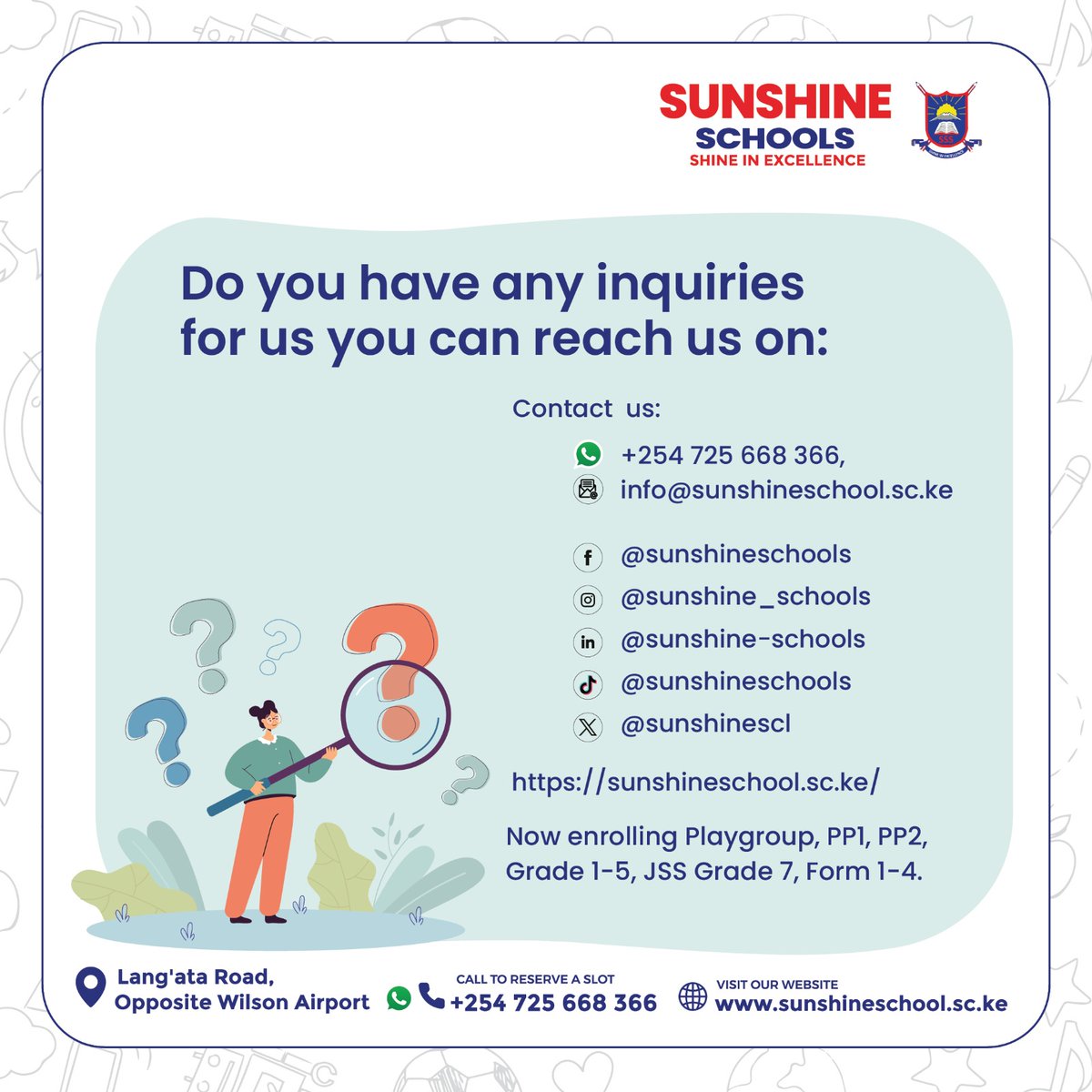 Sunshinescl's tweet photo. Do you have any inquiries for us you can reach us on 
Contact  us:

Email:info@sunshineschool.sc.ke
For any inquiries, contact +254725668366 and our school admin will cater to you. 
Karibuni Sunshine Schools!
#SunshineSchools
#SunshinePrimarySchool
#SSS https://t.co/nFshk3sAXL