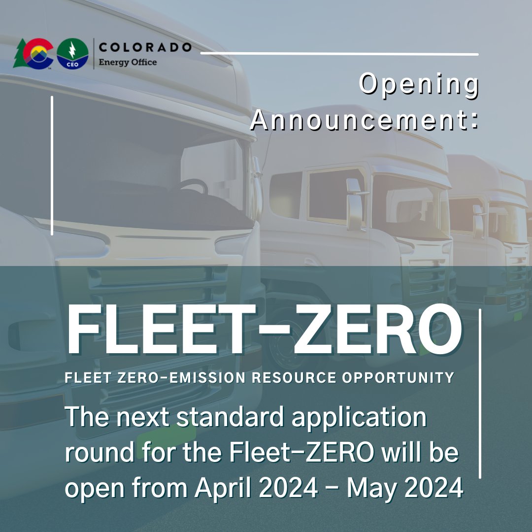Attention Fleets - The <a href="/COEnergyOffice/">Colorado Energy Office</a> has announced that the next Fleet-ZERO standard application round will be open April 2024 - May 2024.
Fleet-ZERO funds EV charging to support the transition of light-, medium-, &amp; heavy-duty fleets to EVs. 
Learn more: energyoffice.colorado.gov/fleet-zero