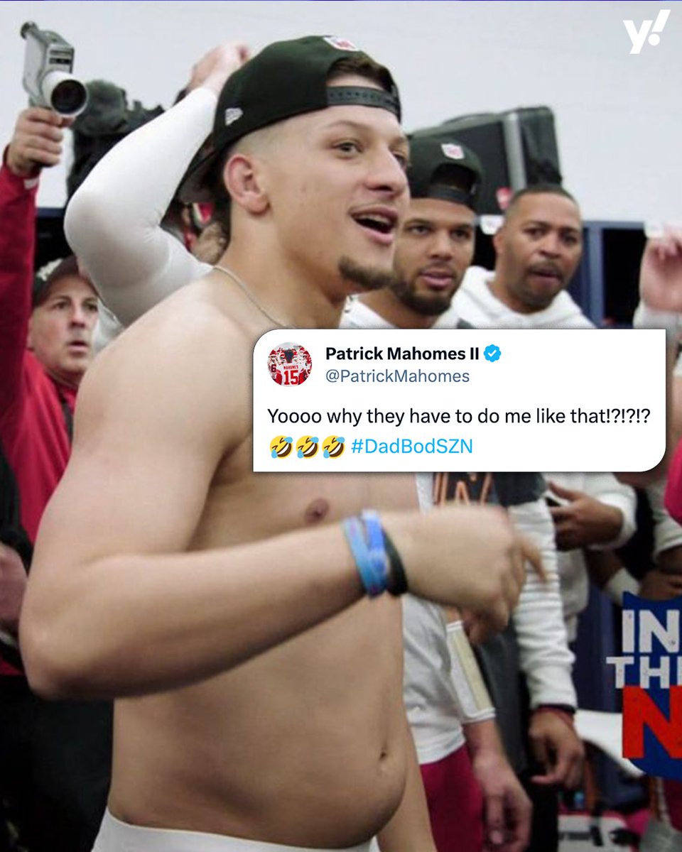 YahooSports's tweet photo. Patrick Mahomes saw the "dad bod" memes 😭 https://t.co/JZRzdHuBp0