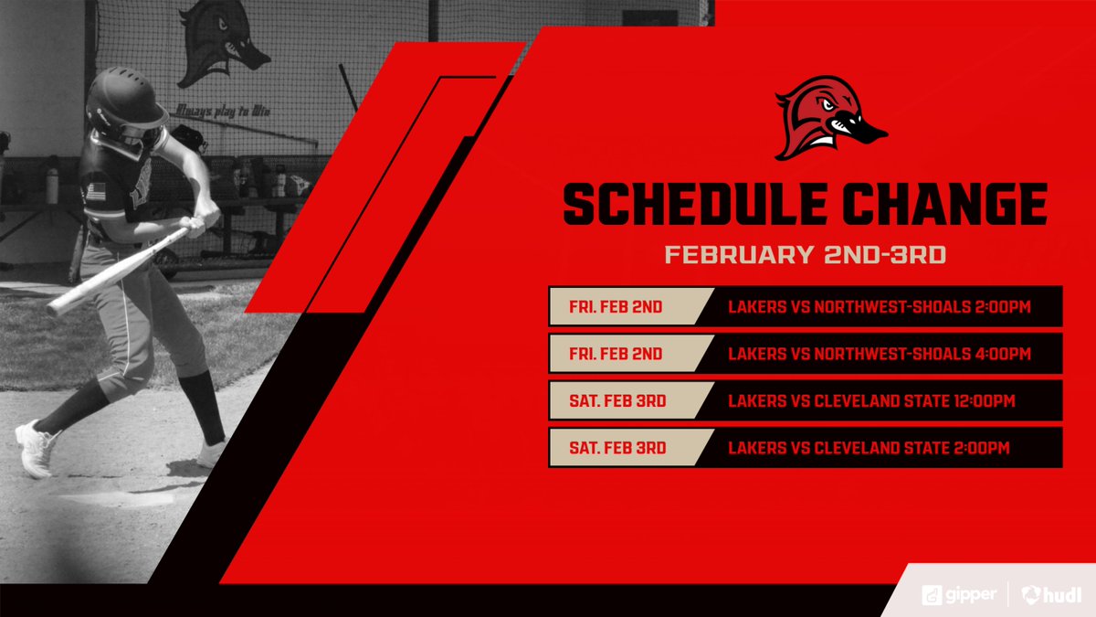 Laker Softball opening weekend in being adjusted a bit due to some possible weather on Sunday. 
#16 ranked <a href="/NJCAASoftball/">NJCAA Softball</a> @Land_Softball will now open their season Friday at Northwest-Shoals with a 2:00pm start time.
Lakers are 2 Days Away!

#OneFlock #LakerUp #PlayToWin