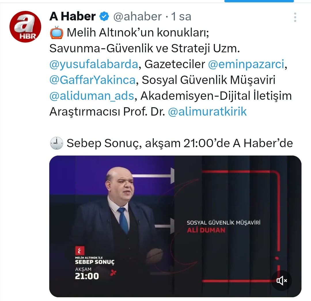 Bu akşam saat 21.00'de A Haber'de Melih Altınok ile Sebep ve Sonuç' a konuk oluyorum. 31.01.2024