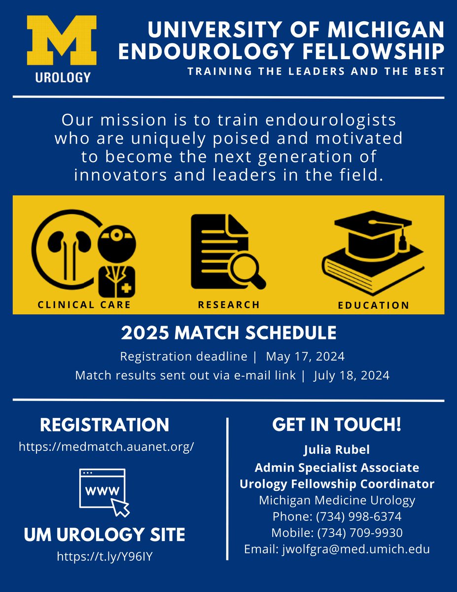 Michigan Urology (@umichurology) on Twitter photo Apply for our University of Michigan Endourology Fellowship, learn more about our fellowship at t.ly/Y96IY, and register at medmatch.auanet.org. Apply for our University of Michigan Endourology Fellowship, learn more about our fellowship at t.ly/Y96IY, and register at medmatch.auanet.org.