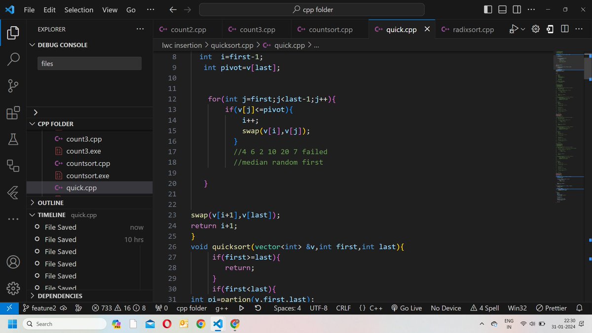 PinakDhir22's tweet photo. Hi, #techtwitter #day68 to #day69 of #100daysofCode 
1. practiced quick sort(partition, recursively  quicksort)
2. count sort(take pivot element (first,last), recursively call it) 

#100daysofcode #100daysofcodeatChitkara #learninpublic #tech https://t.co/kO79cPt2Hr
