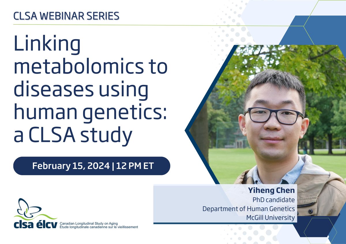 Canadian Longitudinal Study on Aging (CLSA) (@clsa_elcv) on Twitter photo What can metabolomics tell us about disease risk & potential therapeutic targets? Join the #CLSAWebinar presented by <a href="/Human_Genetics/">McGill Human Genetics</a> trainee <a href="/CYiheng/">Chen Yiheng</a> (supervised by <a href="/BrentRichards19/">brent richards</a>) to learn.
📝: ow.ly/EhCU50QvEI8
🚨 <a href="/CIHR_IG/">CIHR IG IRSC</a> <a href="/GenomeCanada/">Genome Canada</a> <a href="/ontariogenomics/">Ontario Genomics</a> @GenomeQuebec What can metabolomics tell us about disease risk & potential therapeutic targets? Join the #CLSAWebinar presented by <a href="/Human_Genetics/">McGill Human Genetics</a> trainee <a href="/CYiheng/">Chen Yiheng</a> (supervised by <a href="/BrentRichards19/">brent richards</a>) to learn.
📝: ow.ly/EhCU50QvEI8
🚨 <a href="/CIHR_IG/">CIHR IG IRSC</a> <a href="/GenomeCanada/">Genome Canada</a> <a href="/ontariogenomics/">Ontario Genomics</a> @GenomeQuebec