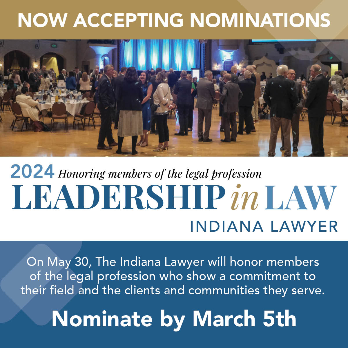 Nominations for the 2024 Leadership in Law Awards are now OPEN! If you know a legal professional who has demonstrated exceptional leadership and innovation in the field of law, now is the time to shine a spotlight on their achievements. Learn more at theindianalawyer.com/leadership-in-….