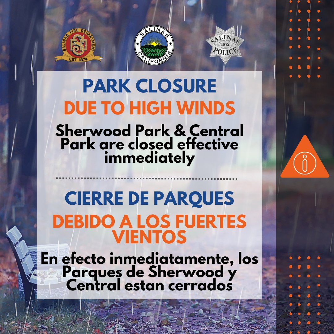 Notice of Temporary Park Closure - Sherwood Park and Central Park Continue following the City's social media pages for the most up to date information. @montereycountyca @montereycodem