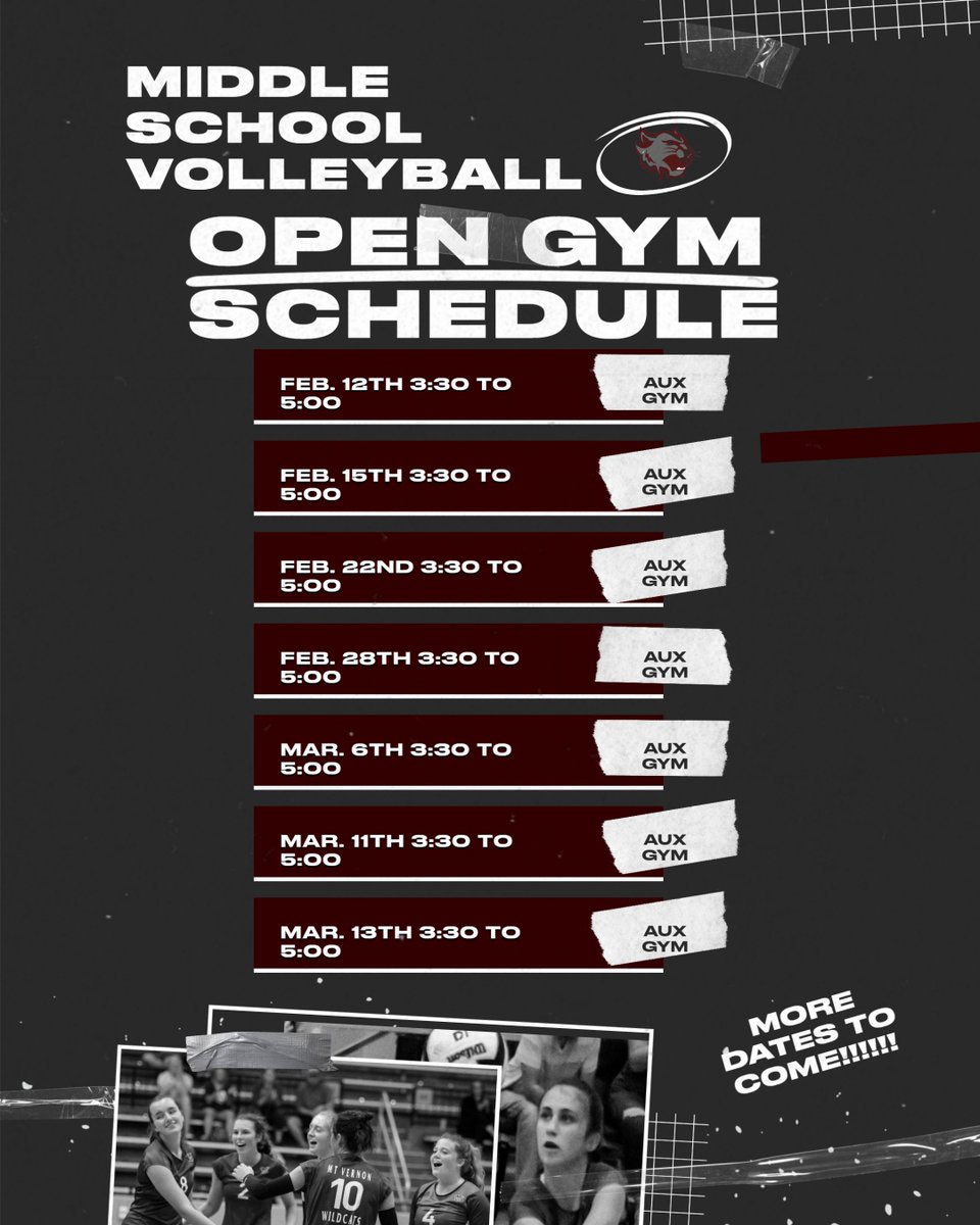 MeganDeVault's tweet photo. Middle School Open Gym Schedule! Spread the word! https://t.co/SNbWdhzDBY