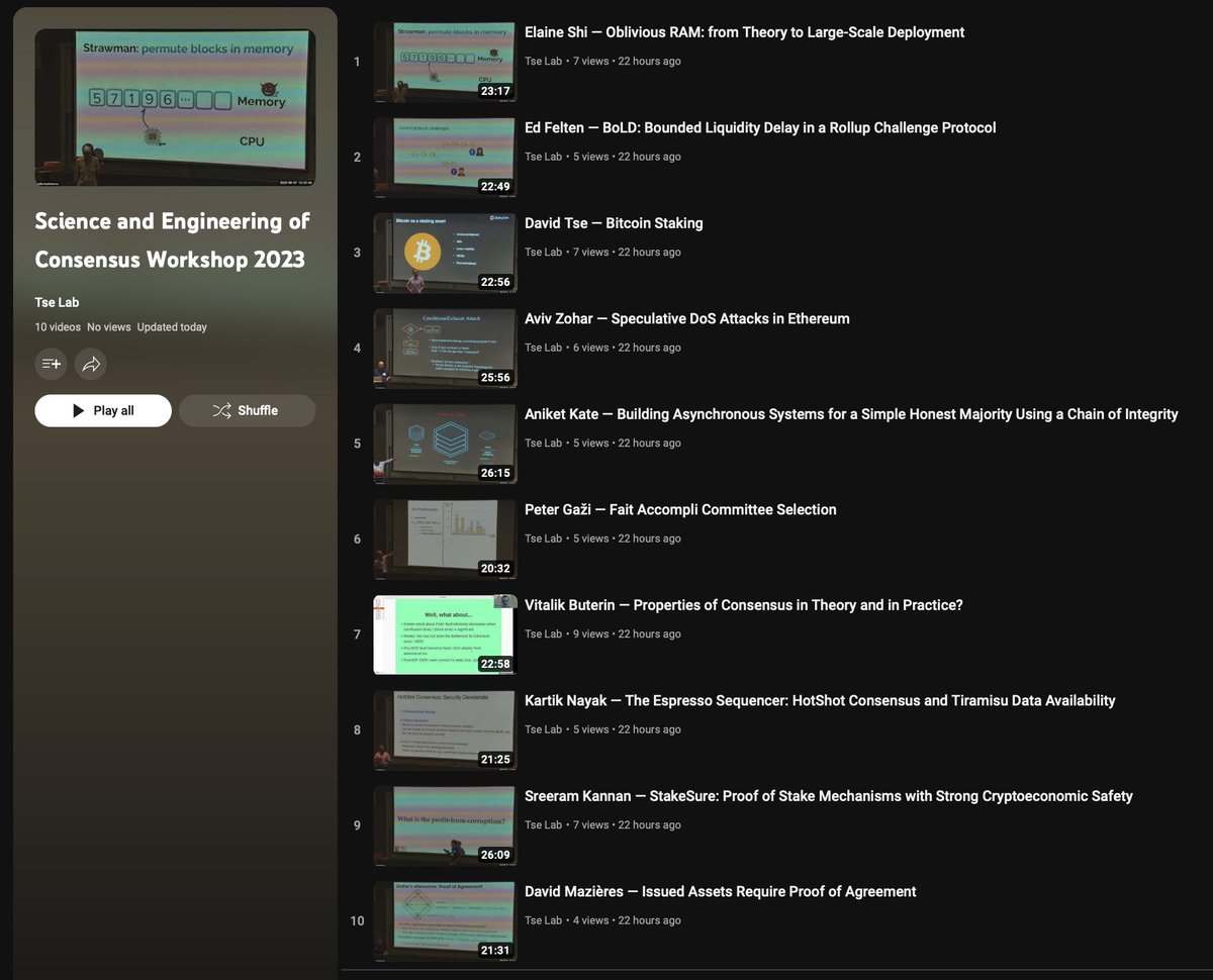 Get the latest on the science and engineering of consensus, from the experts in the field, in Year 2 of our consensus workshop at the blockchain conference of @CBRStanford ! 👇🧵 youtube.com/playlist?list=…