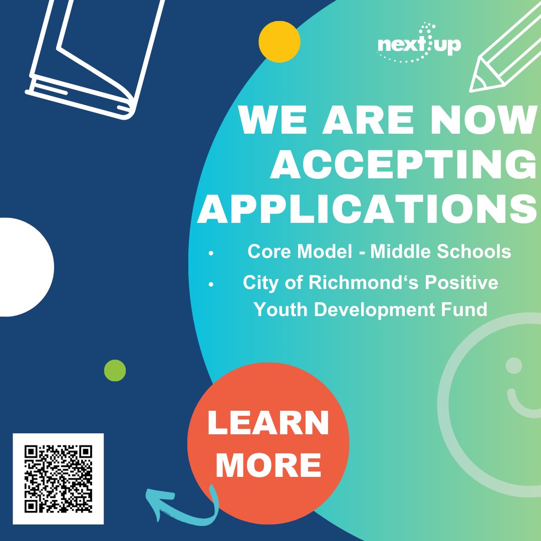 NextUp RVA is excited to announce our newest RFP cycle for 2024! We are now accepting applications for Core Model – Middle School programs and Positive Youth Development – Community programs!

Funding rounds include Summer 2024/2025 &amp; School Year 24-25.

tinyurl.com/nextup2024RFP