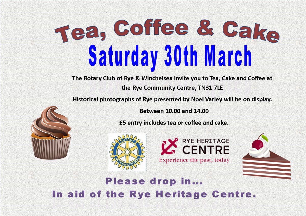 A date for the diary, pop in for tea and cake and see historical pictures of Rye presented by long time Ryer Noel Varley. @ryeharbour_NR @kino_rye @STMHospice @RotherBooks @RyeObs @rotary @PhillipsStubbs @RotherCFR @HeritageRye @RyeHospital @RNLIRyeHarbour @GardenRye