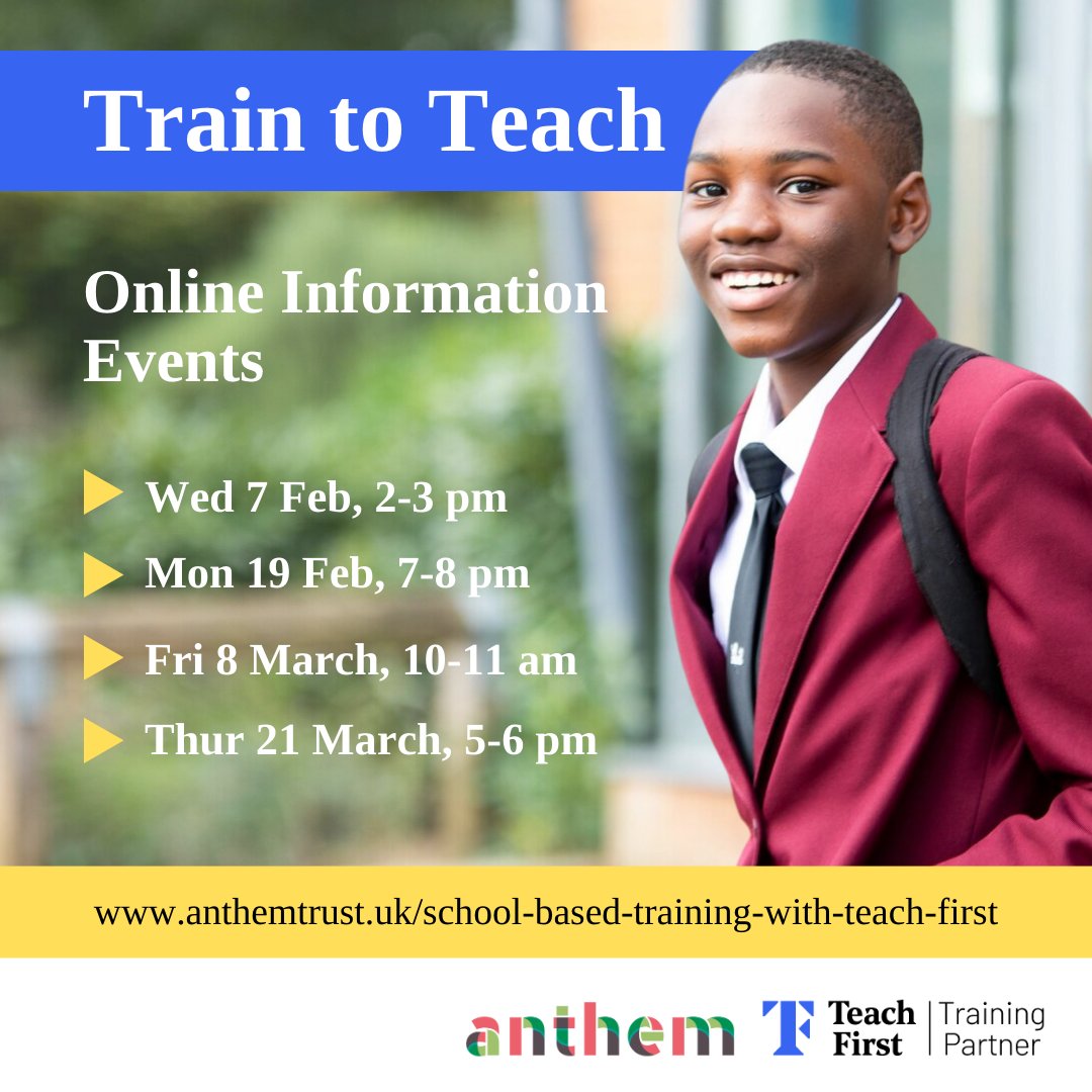 Our school-based training provides priceless real-life classroom experience with the comfort of an outstanding support network!

Want to know more? Then get in touch or sign up for one of our online information events. 

📧traintoteach@anthemtrust.uk
💻forms.office.com/e/Vm2AkFkZta