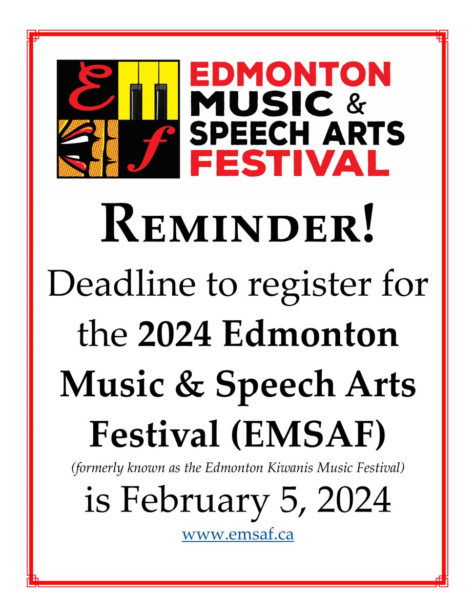 REMINDER: The Registration Deadline is Monday, February 5. #yeg #emsaf #yegarts #yegdt #yegmusic #yegtheatre #YEGclassical 

If you have issues with registering online, you can always download a FILLABE registration form at: emsaf.ca/registration-2/