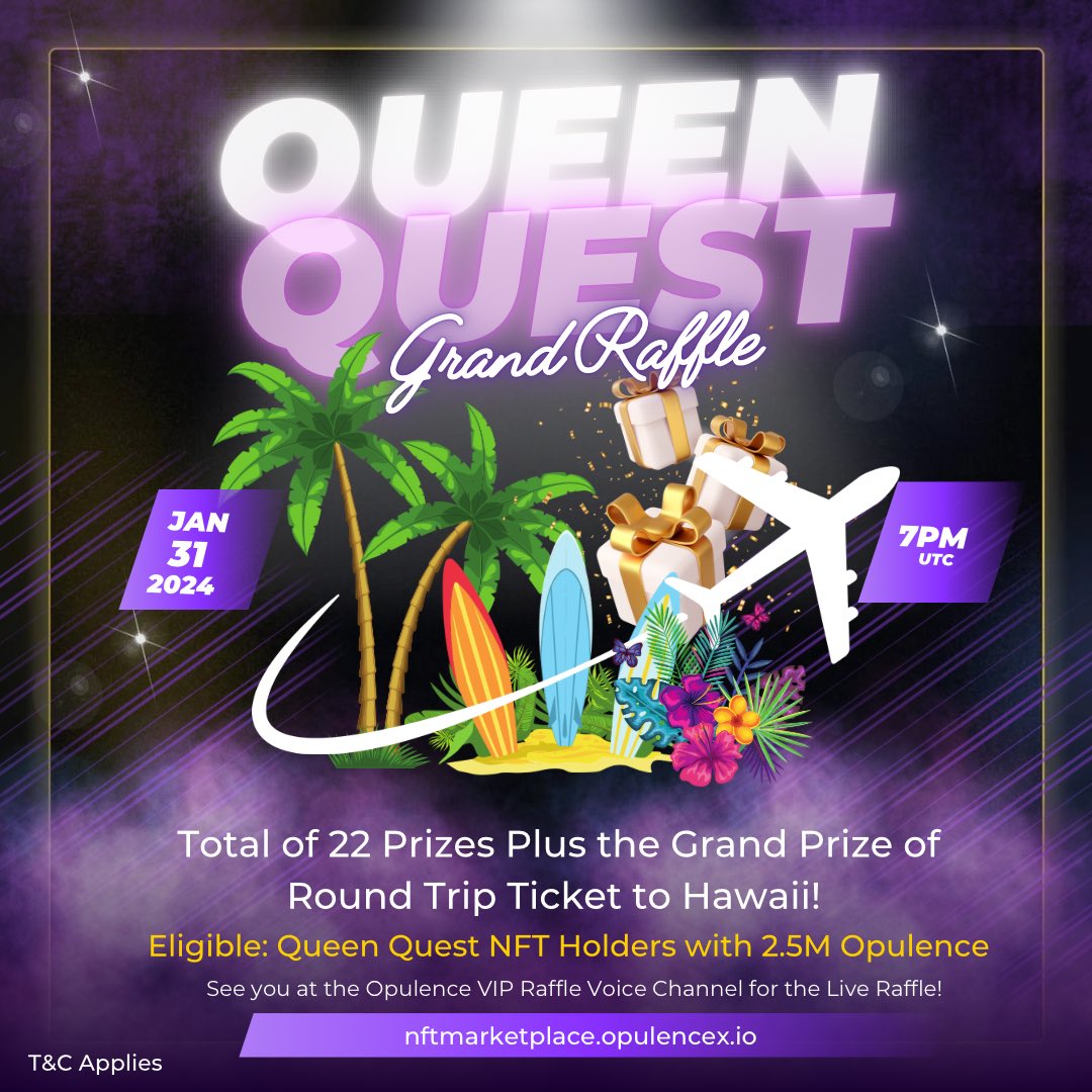 #Opularians the time has finally arrived the #QueenQuest Grand Raffle is happening today 🥂🎊

This is going to be a good one, so I'll see you in a few hours, when we Raffle of 2️⃣2️⃣ Prizes

Raffle will be held in Discord ⏬️
discord.com/invite/WHanakQ…