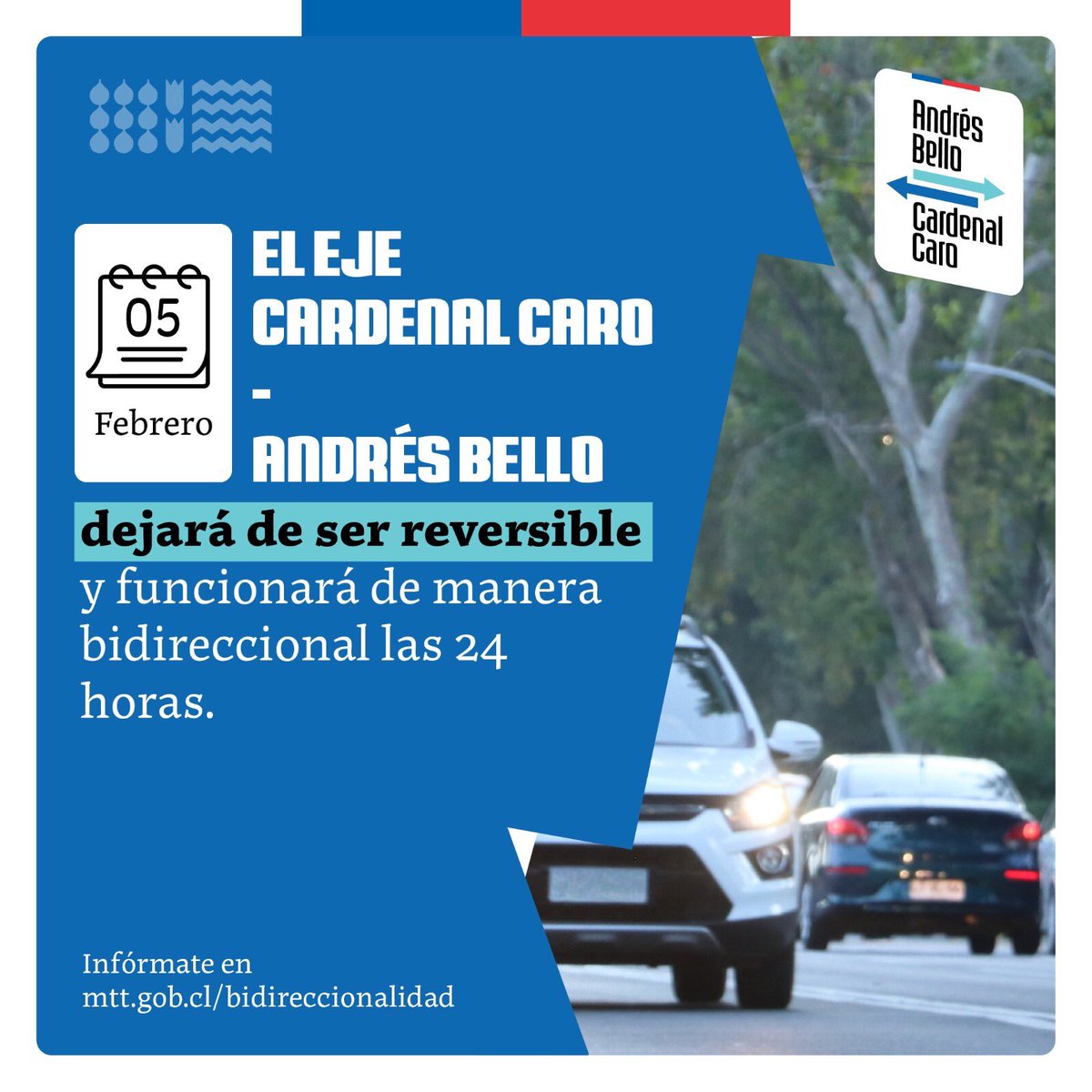 Llegó el día! Desde 5 feb parte bidireccionalidad definitiva de Av. Andrés Bello, cerrando etapa de reversibilidad histórica. Si usted circula en bicicleta por el Parque Uruguay ponga atención en cruces de P. de Valdivia y Ricardo Lyon.  Habrán nuevos flujos de virajes de 🚗🛵