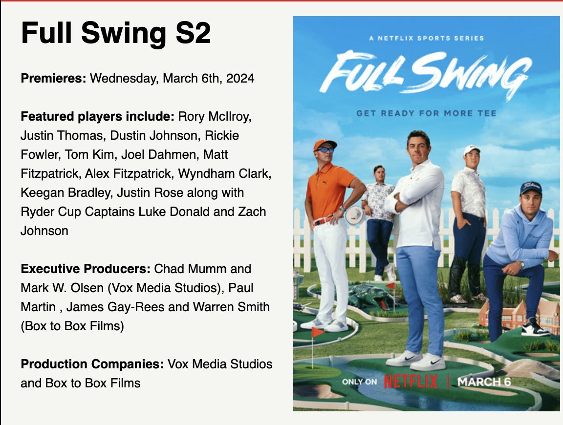 Full Swing. Season 2. March 6. Netflix.