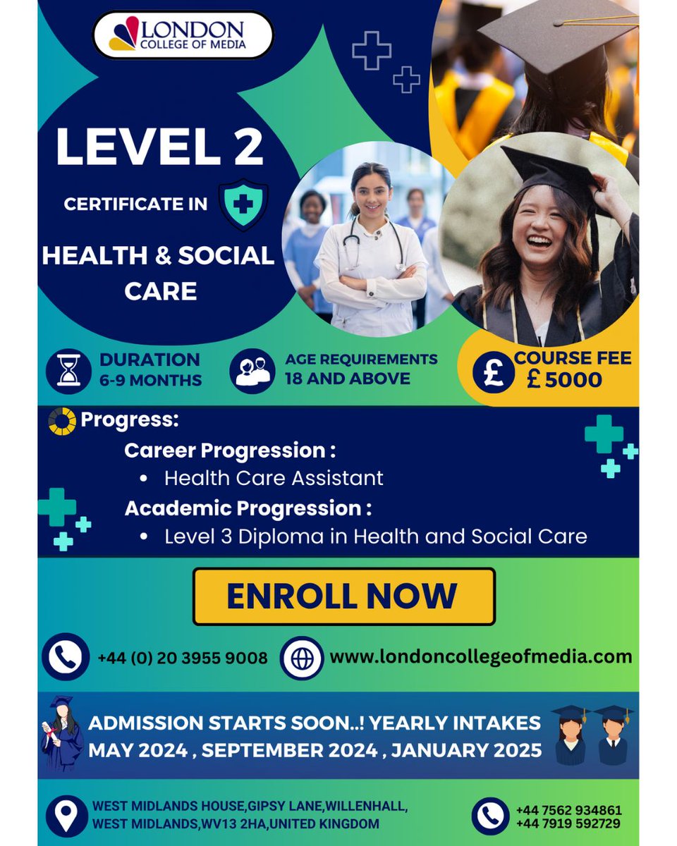 🚀 Start journey with London College of Media and Partners!  Our Level 2 Certificate in Health &amp; Social Care, crafted for individuals 18 and above,  Ready to enroll? Explore more at londoncollegeofmedia.com
💻 Dial +44 7562 934861, +44 7919 592729
#CareerProgression #LCMJourney