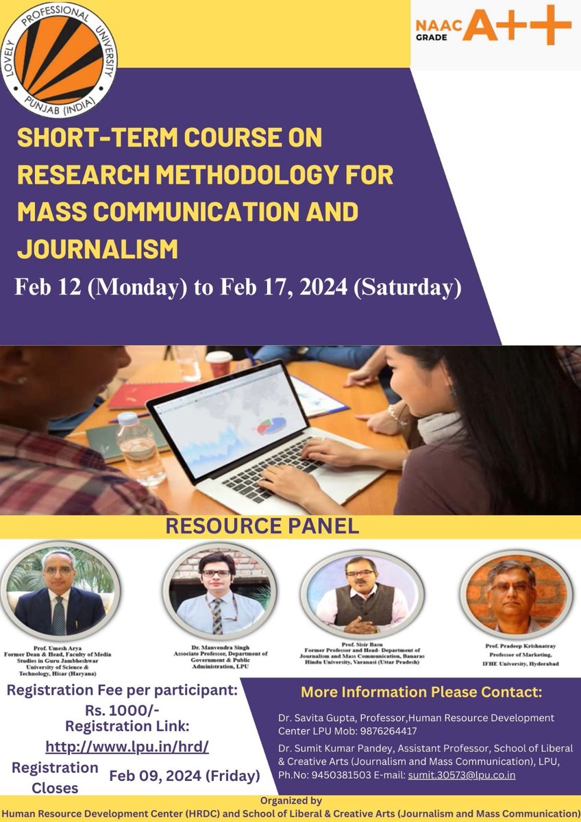 Exciting news! 📷 Human Resource Development Centre (HRDC )and School of Liberal & Creative Arts (Journalism and Mass Communication) present a Short-Term Course on Research Methodology #ResearchMethodology #journalismeducation #schoolofcreativearts #lpujournalism #LPUForYou #LPU