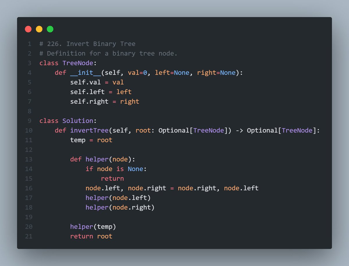 Nirbhay00704167's tweet image. 🔍 Just solved LeetCode problem 226: "Invert Binary Tree" using recursion! 🌳🔄 Transforming binary structures with a recursive twist—an engaging coding challenge conquered! Ready for more recursive adventures! 💻💡 #LeetCode #BinaryTree #RecursiveSolution