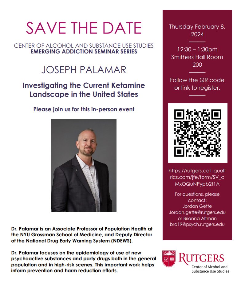 Thursday, Feb 8th, 12:30-1:30pm EST ➡️ loom.ly/07e21hI As part of the Emerging Addiction Science Seminar Series, hosted by @Rutgers_CAS, Dr. Joseph Palamar will be giving a presentation, “Investigating the Current Ketamine Landscape in the United States”.