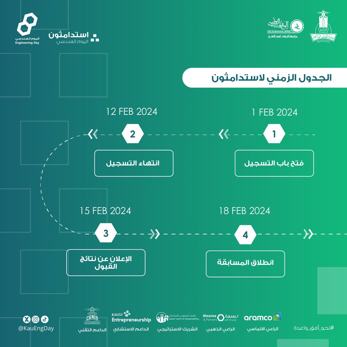 جاهزين للكشف عن اول فعاليات اليوم الهندسي؟⚙️💪

نكشف لكم عن"استدامثون" وهو مكانك لابتكار حلول مستدامة تعالج التحديات البيئية والاجتماعية🌎🌱

وعشان تكونوا بالصوره معانا، نشاركم مسار رحلتكم. رحلة الابتكار لتطوّر مستدام✨ 

كونوا بالقرب ⏳🔥

#نحو_أفق_واعدة💫🚀 
#اليوم_الهندسي_2024