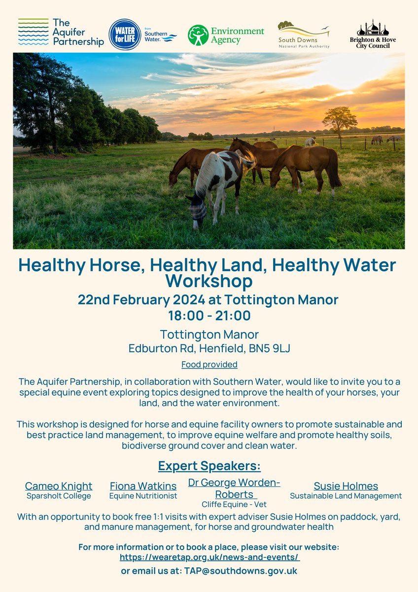 Come and join us! FREE equine event for horse owners & managers of equine facilities - 22nd February Learn more about best practice land and yard management, and how this links to horse health and water protection wearetap.org.uk/healthy-horse-… #EquineLife #HorseHealth #Sussex